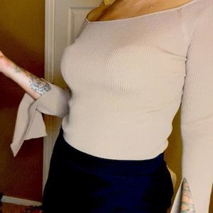 Super stretchy off the shoulder shirt with arm slits